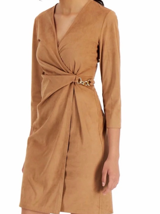 Anne Klein Dresses & Skirts - Anne Klein Tan Faux Suede Faux Wrap Midi Dress with Gold Detailing